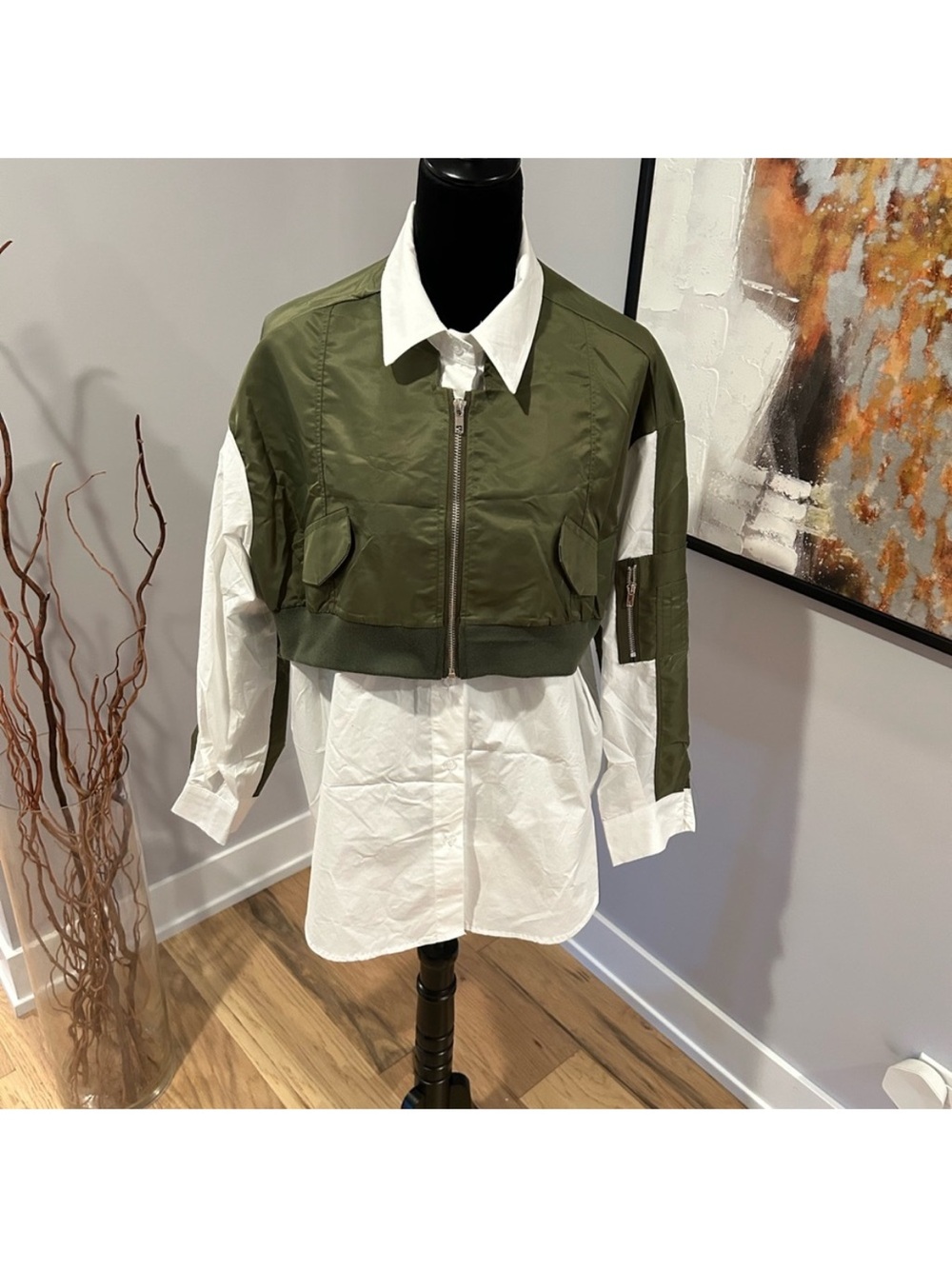 Cropped Olive Green Bomber Jacket - Lightweight Zip Front